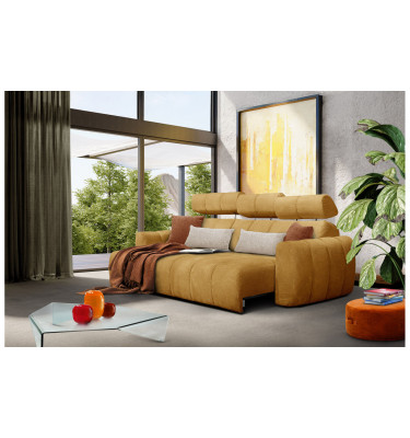 KIMI 3-Sitzer Ecksofa links, ausziehbarer Sitz, verstellbare Kopfstützen, gelb senf