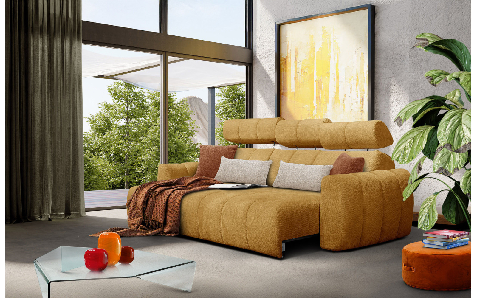 KIMI 3-Sitzer Ecksofa links, ausziehbarer Sitz, verstellbare Kopfstützen, gelb senf