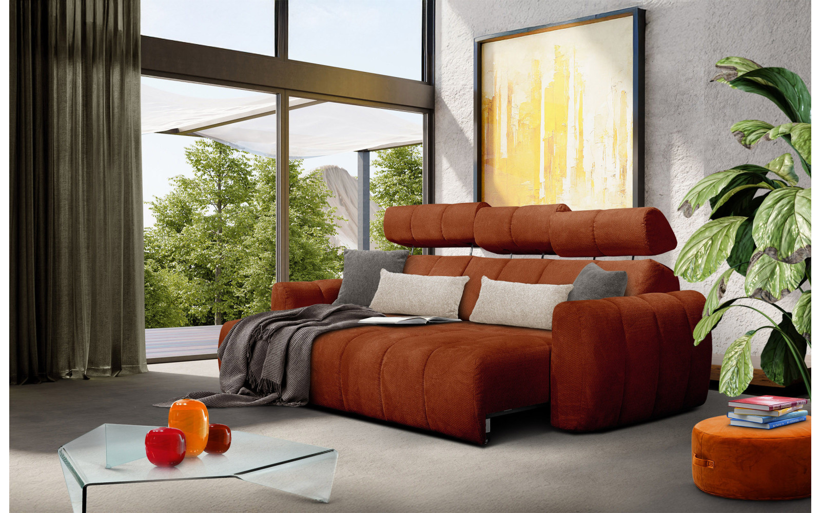 KIMI 3-Sitzer Ecksofa links, ausziehbarer Sitz, verstellbare Kopfstützen, rot