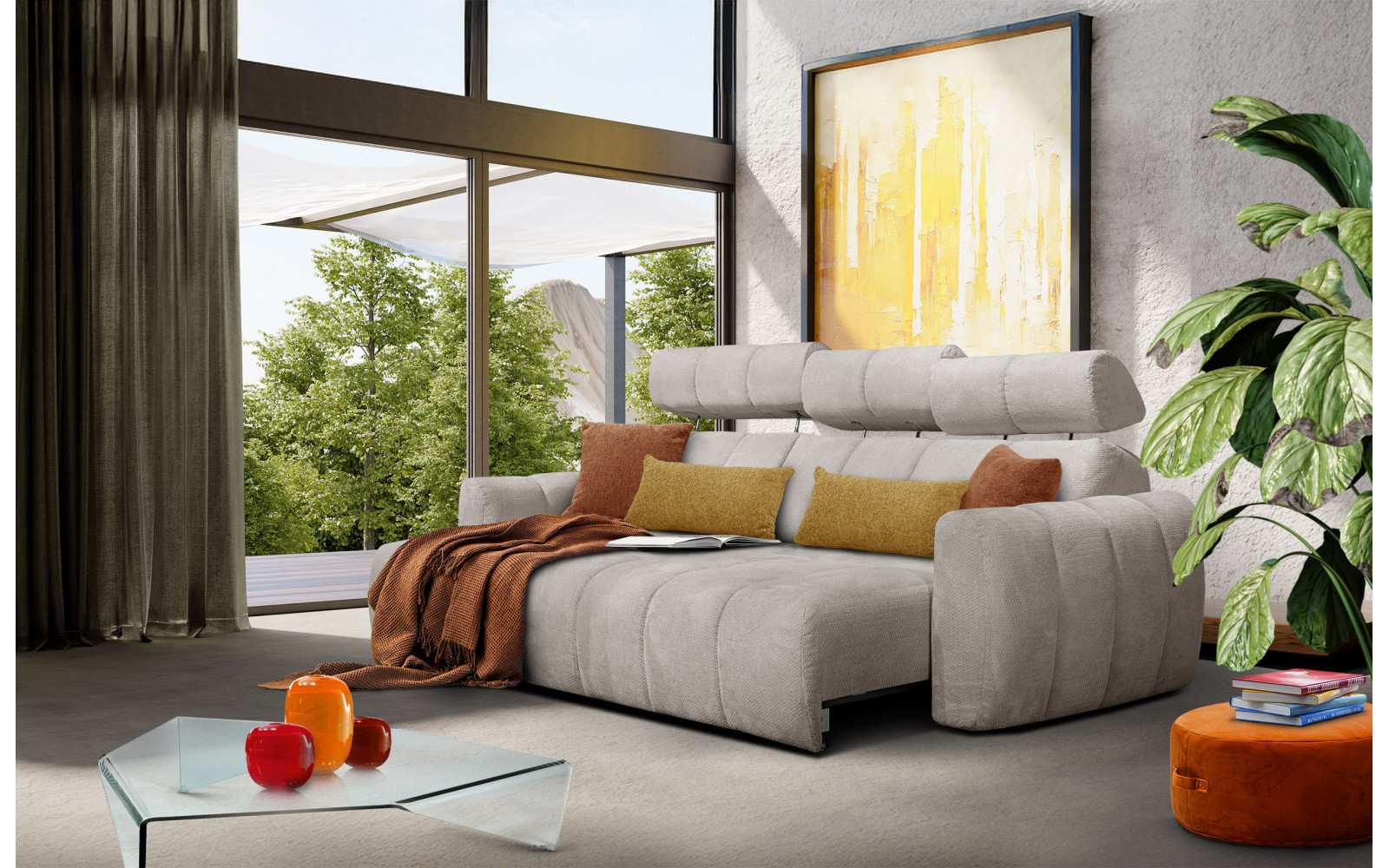 KIMI 3-Sitzer Ecksofa links, ausziehbarer Sitz, verstellbare Kopfstützen, beige