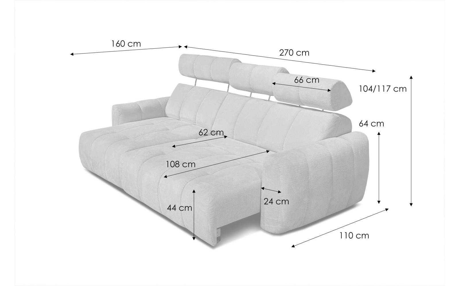 KIMI 3-Sitzer Ecksofa links, ausziehbarer Sitz, verstellbare Kopfstützen, beige