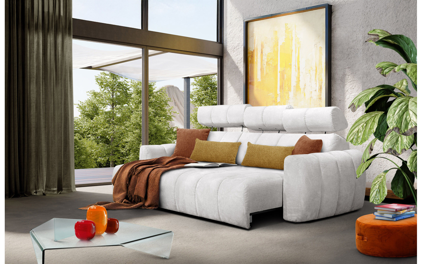 KIMI 3-Sitzer Ecksofa links, ausziehbarer Sitz, verstellbare Kopfstützen, creme