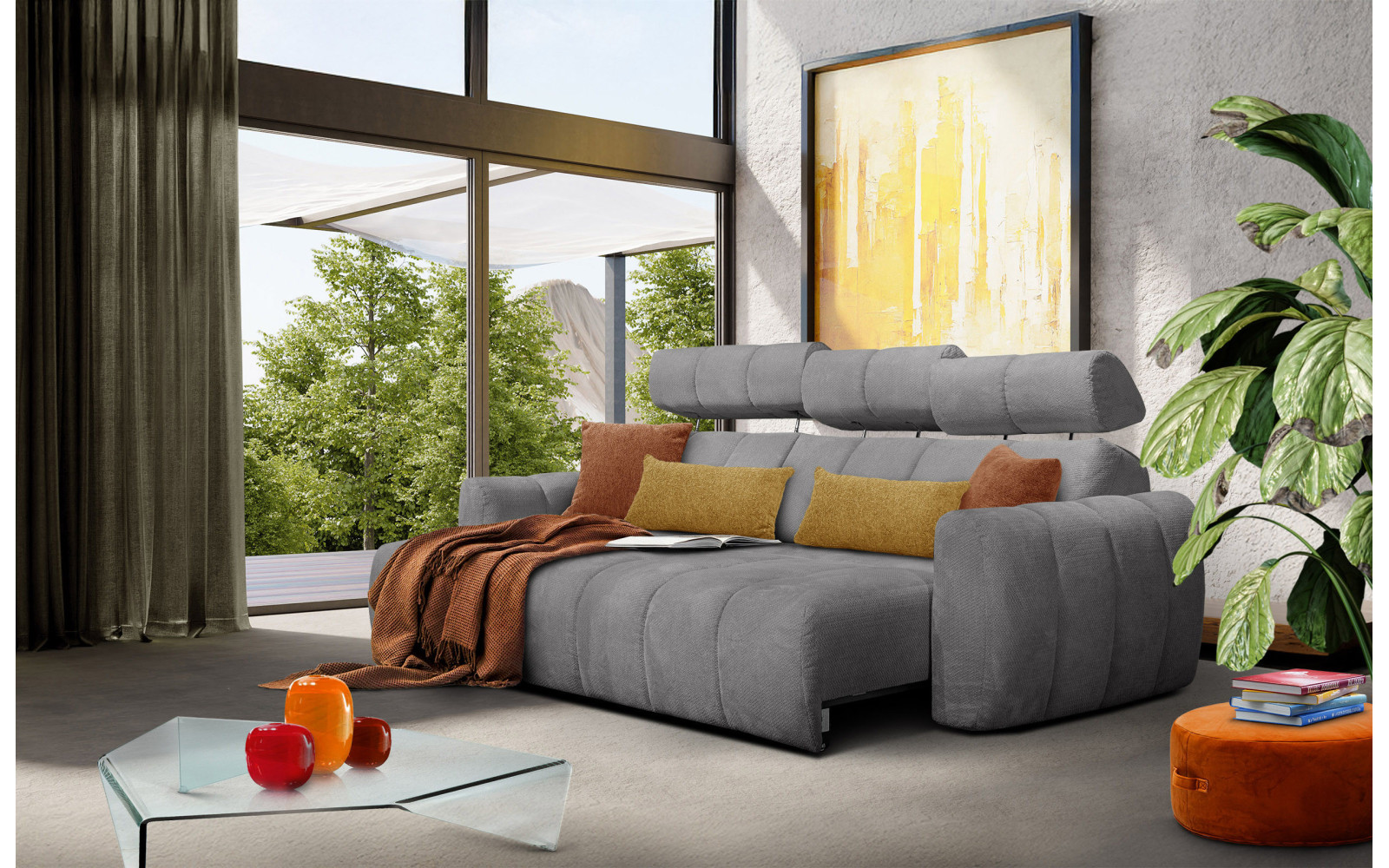 KIMI 3-Sitzer Ecksofa links, ausziehbarer Sitz, verstellbare Kopfstützen, grau