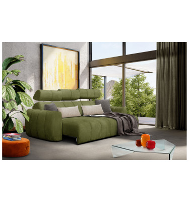 KIMI 3-Sitzer Ecksofa rechts, ausziehbarer Sitz, verstellbare Kopfstützen, olivgrün