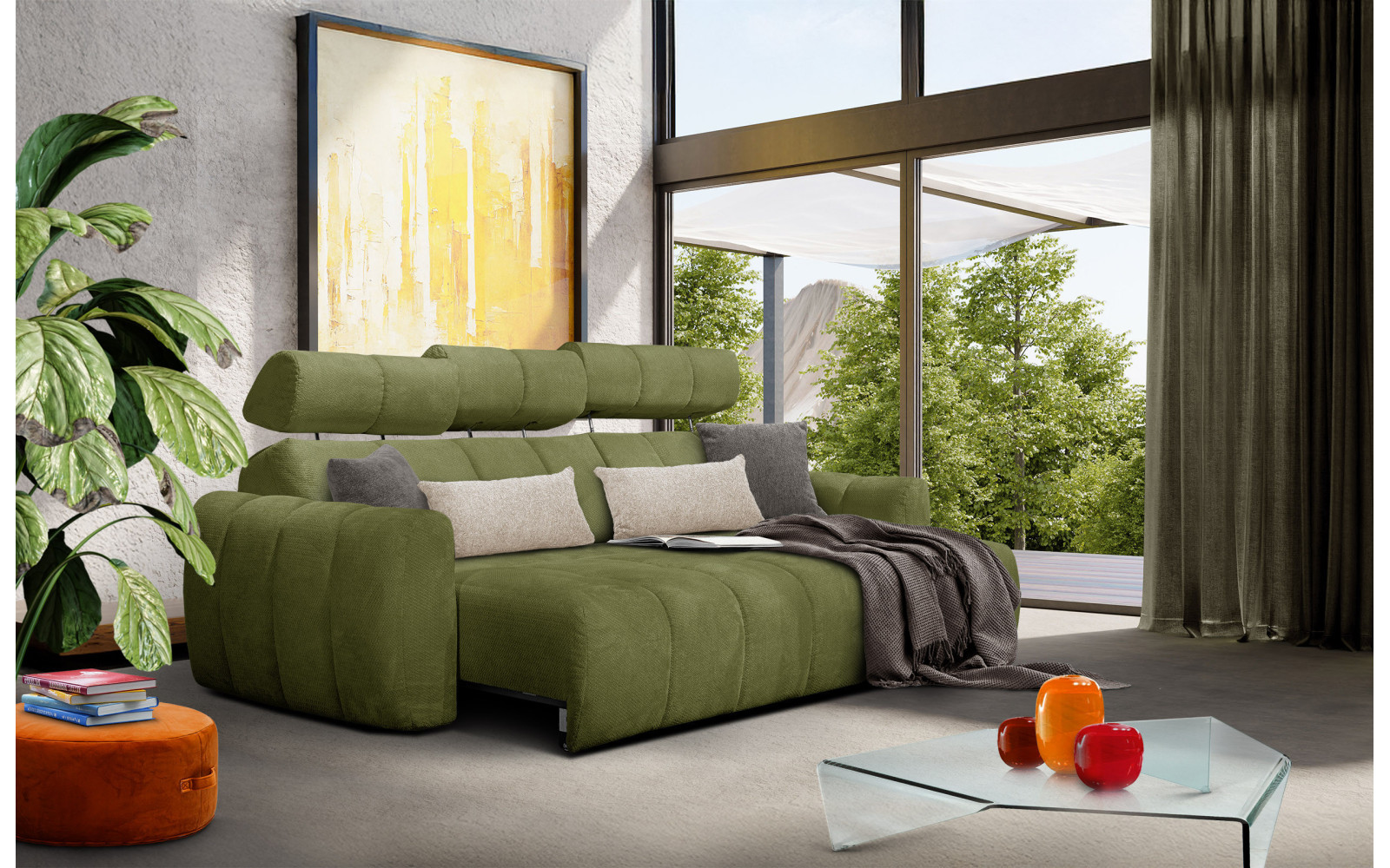 KIMI 3-Sitzer Ecksofa rechts, ausziehbarer Sitz, verstellbare Kopfstützen, olivgrün