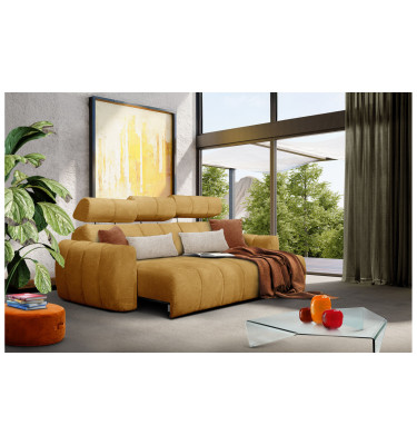 KIMI 3-Sitzer Ecksofa rechts, ausziehbarer Sitz, verstellbare Kopfstützen, gelber Senf