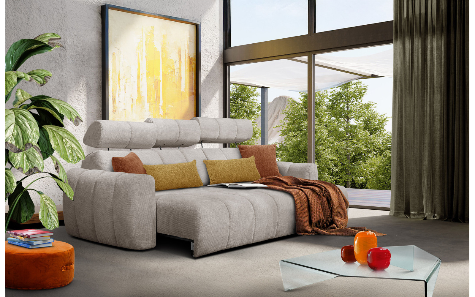 KIMI 3-Sitzer Ecksofa rechts, ausziehbarer Sitz, verstellbare Kopfstützen, beige