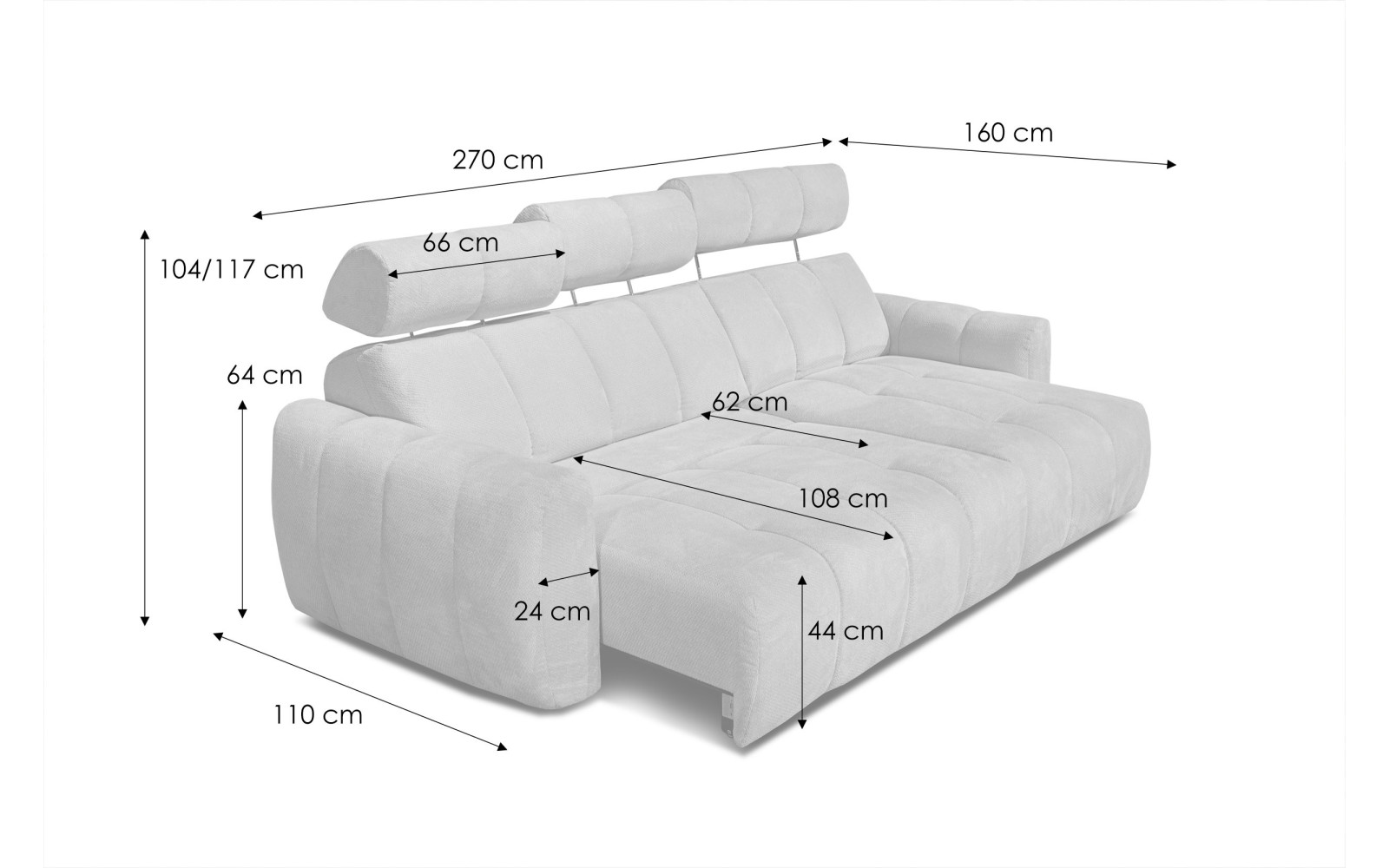 KIMI 3-Sitzer Ecksofa rechts, ausziehbarer Sitz, verstellbare Kopfstützen, beige