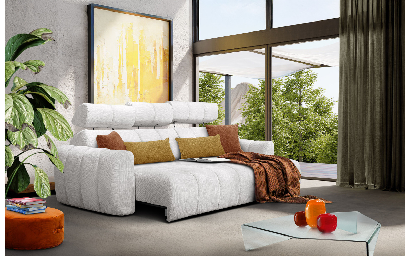 KIMI 3-Sitzer Ecksofa rechts, ausziehbarer Sitz, verstellbare Kopfstützen, creme