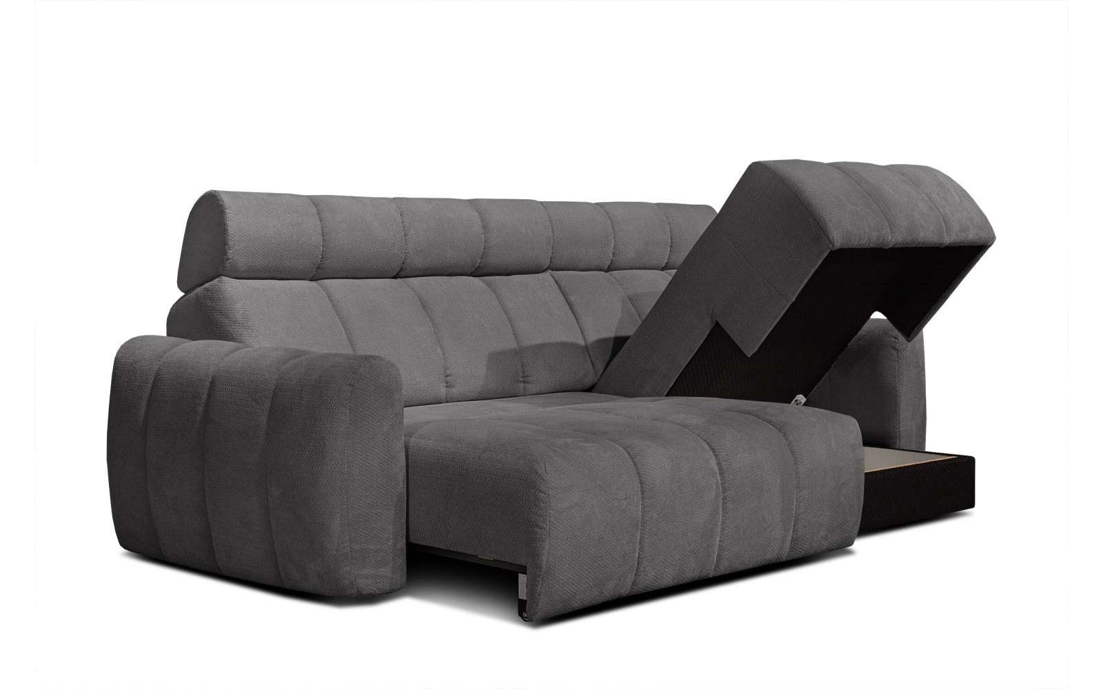 KIMI 3-Sitzer Ecksofa rechts, ausziehbarer Sitz, verstellbare Kopfstützen, dunkelgrau