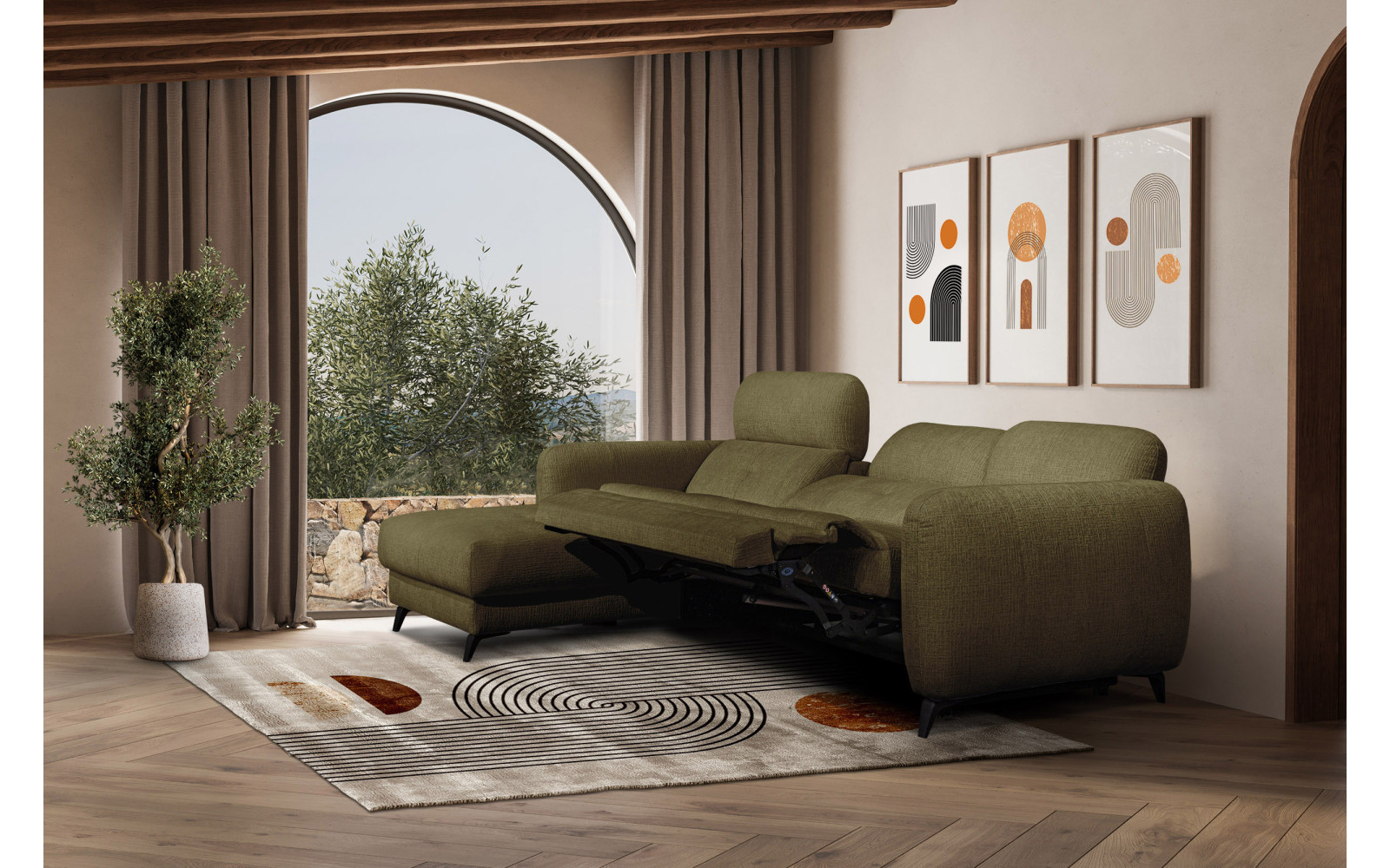 SVEN 3-Sitzer Ecksofa links, 1 relax XL, verstellbare Kopfstützen, olivgrün