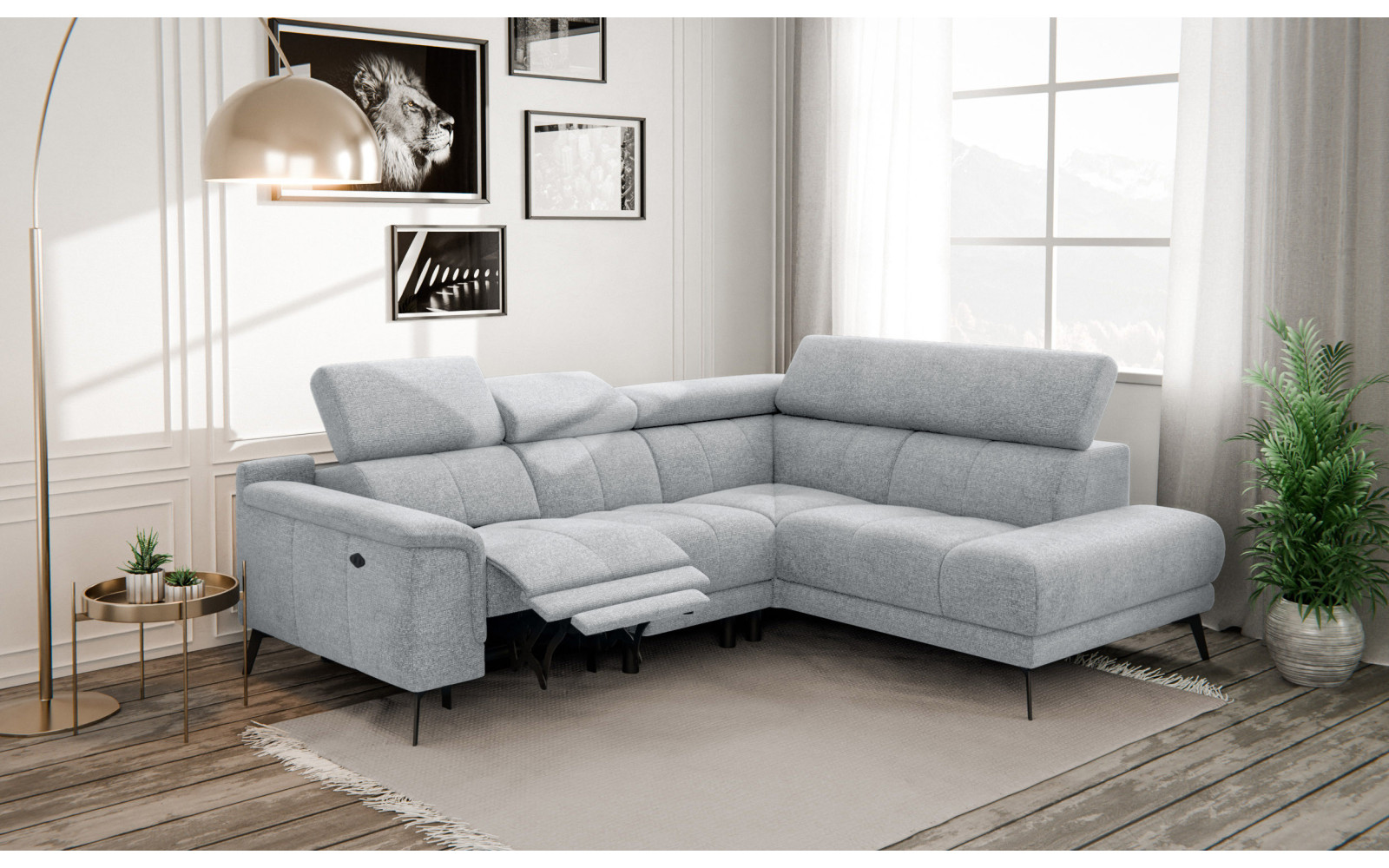 FIERO Ecksofa 4-Sitzer mit 1 Relaxfunktion und verstellbare Kopfstützen, silbergrau