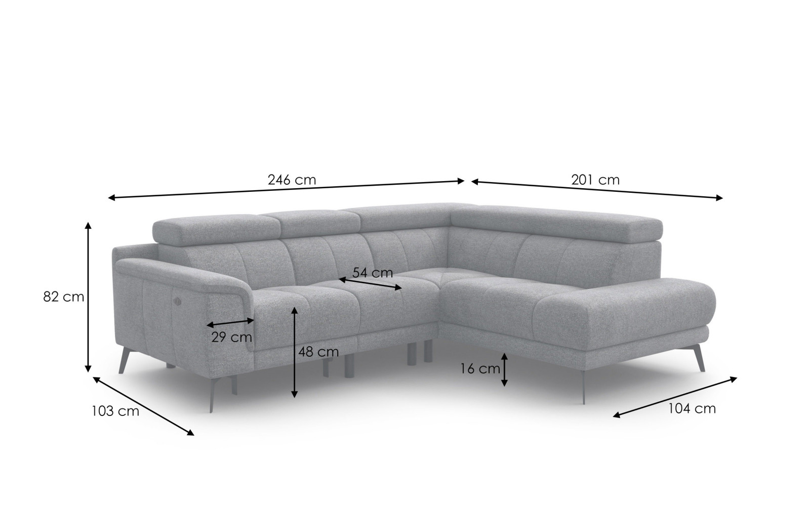 FIERO Ecksofa 4-Sitzer mit 1 Relaxfunktion und verstellbare Kopfstützen, dunkelgrau