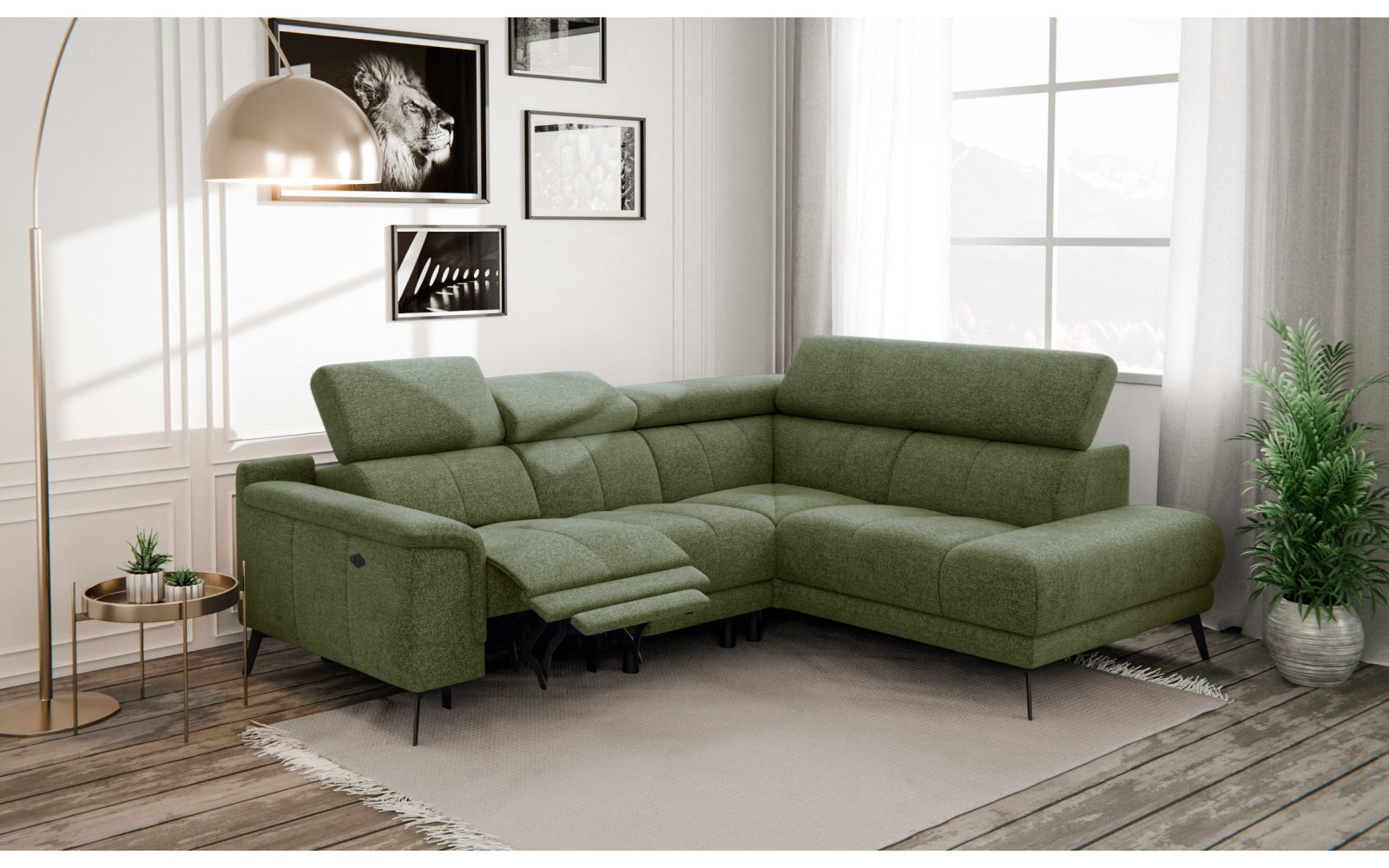 FIERO Ecksofa 4-Sitzer mit 1 Relaxfunktion und verstellbare Kopfstützen, olive