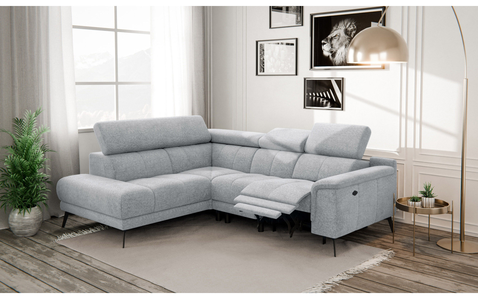 FIERO Ecksofa 4-Sitzer mit 1 Relaxfunktion und verstellbare Kopfstützen, silbergrau