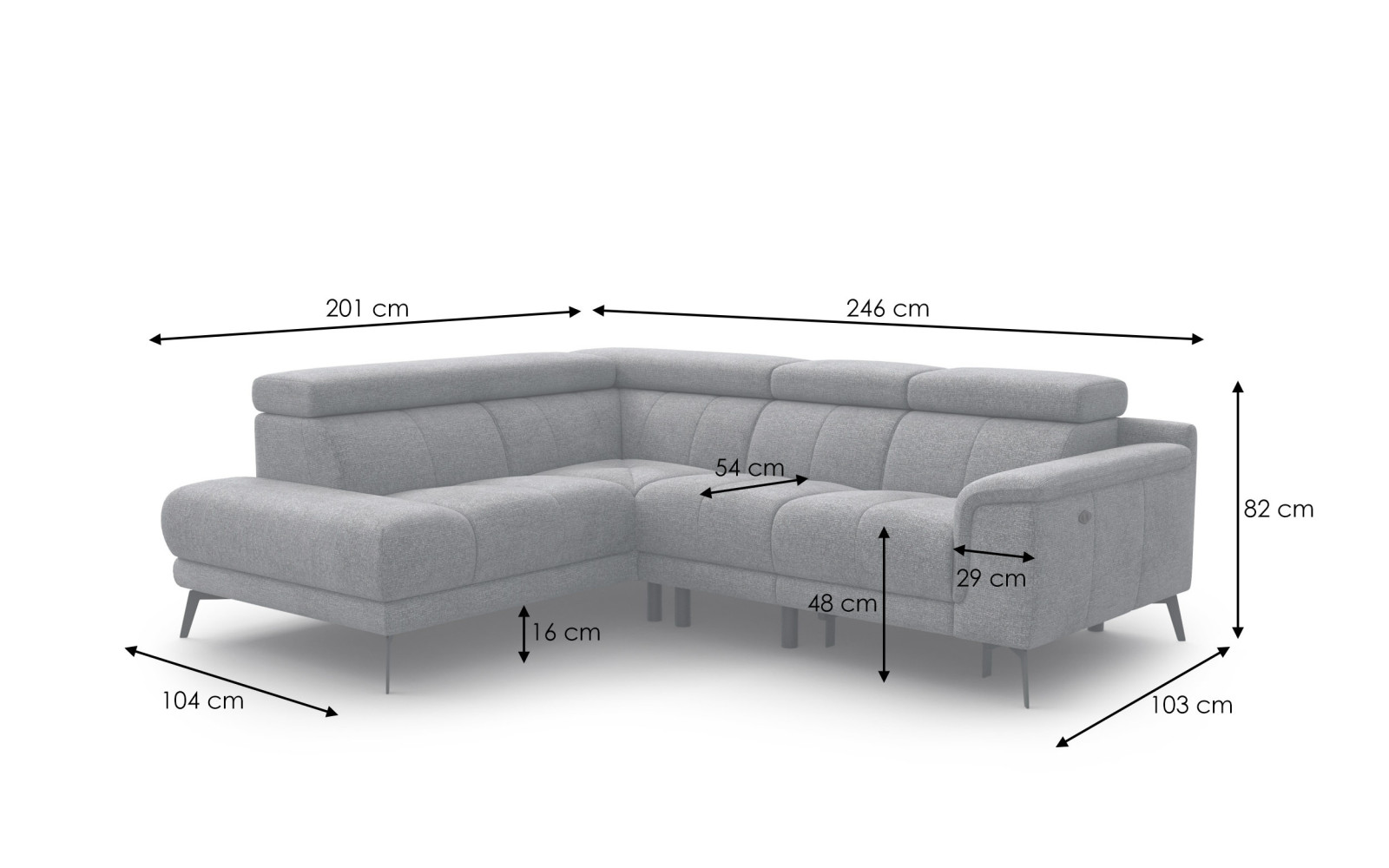 FIERO Ecksofa 4-Sitzer mit 1 Relaxfunktion und verstellbare Kopfstützen, silbergrau