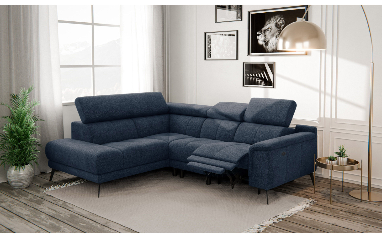 FIERO Ecksofa 4-Sitzer mit 1 Relaxfunktion und verstellbare Kopfstützen, marineblau