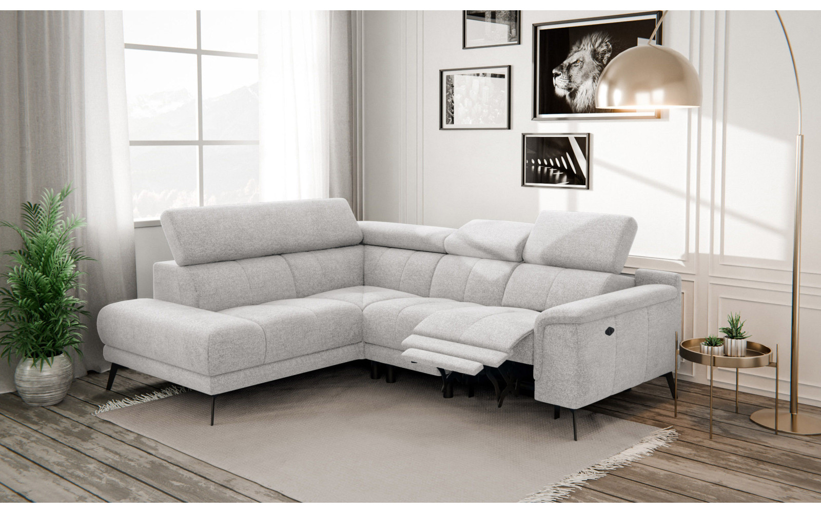 FIERO Ecksofa 4-Sitzer mit 1 Relaxfunktion und verstellbare Kopfstützen, creme