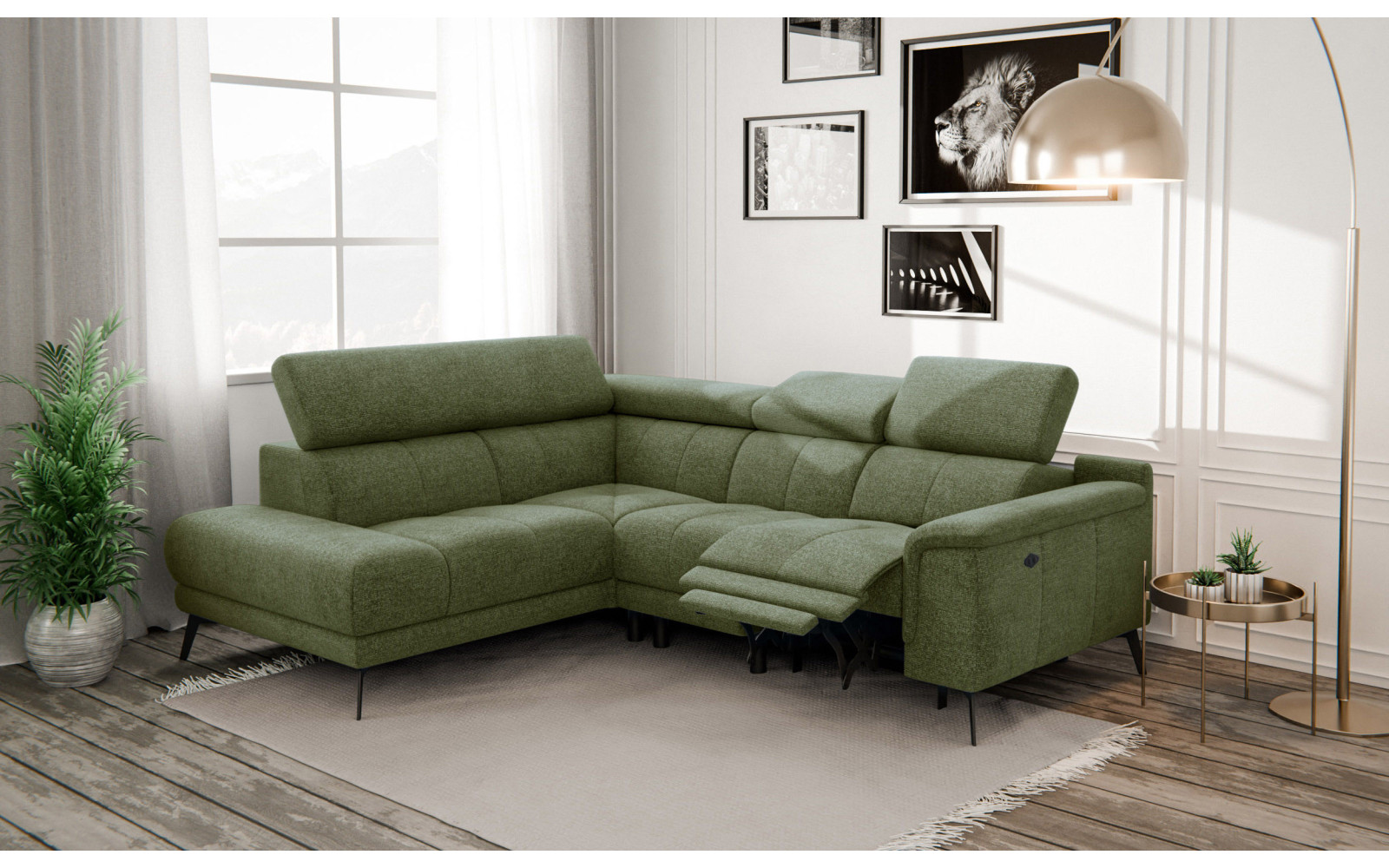 FIERO Ecksofa 4-Sitzer mit 1 Relaxfunktion und verstellbare Kopfstützen, olive