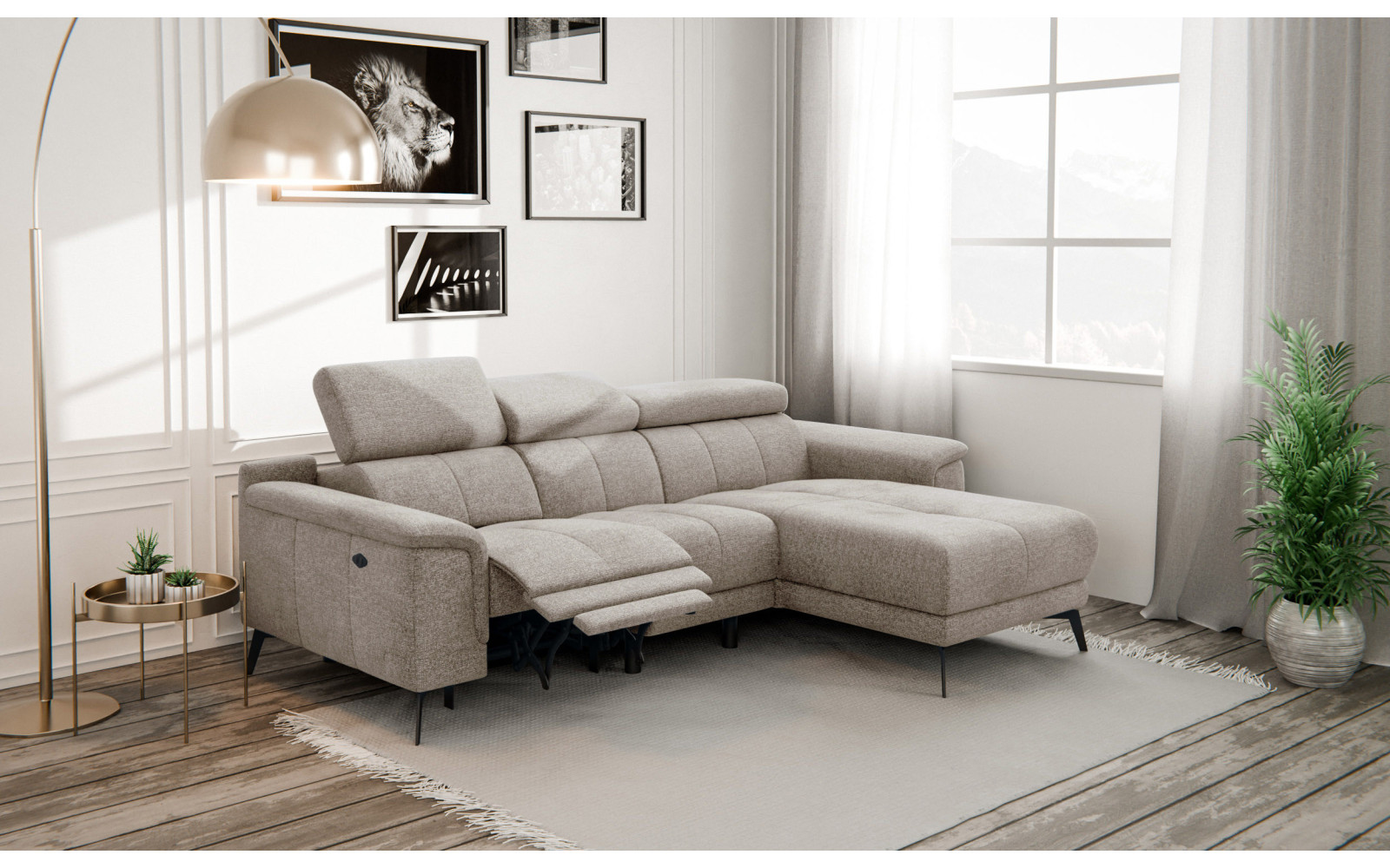 FIERO Ecksofa 3-Sitzer mit 1 Relaxfunktion und verstellbare Kopfstützen, taupe