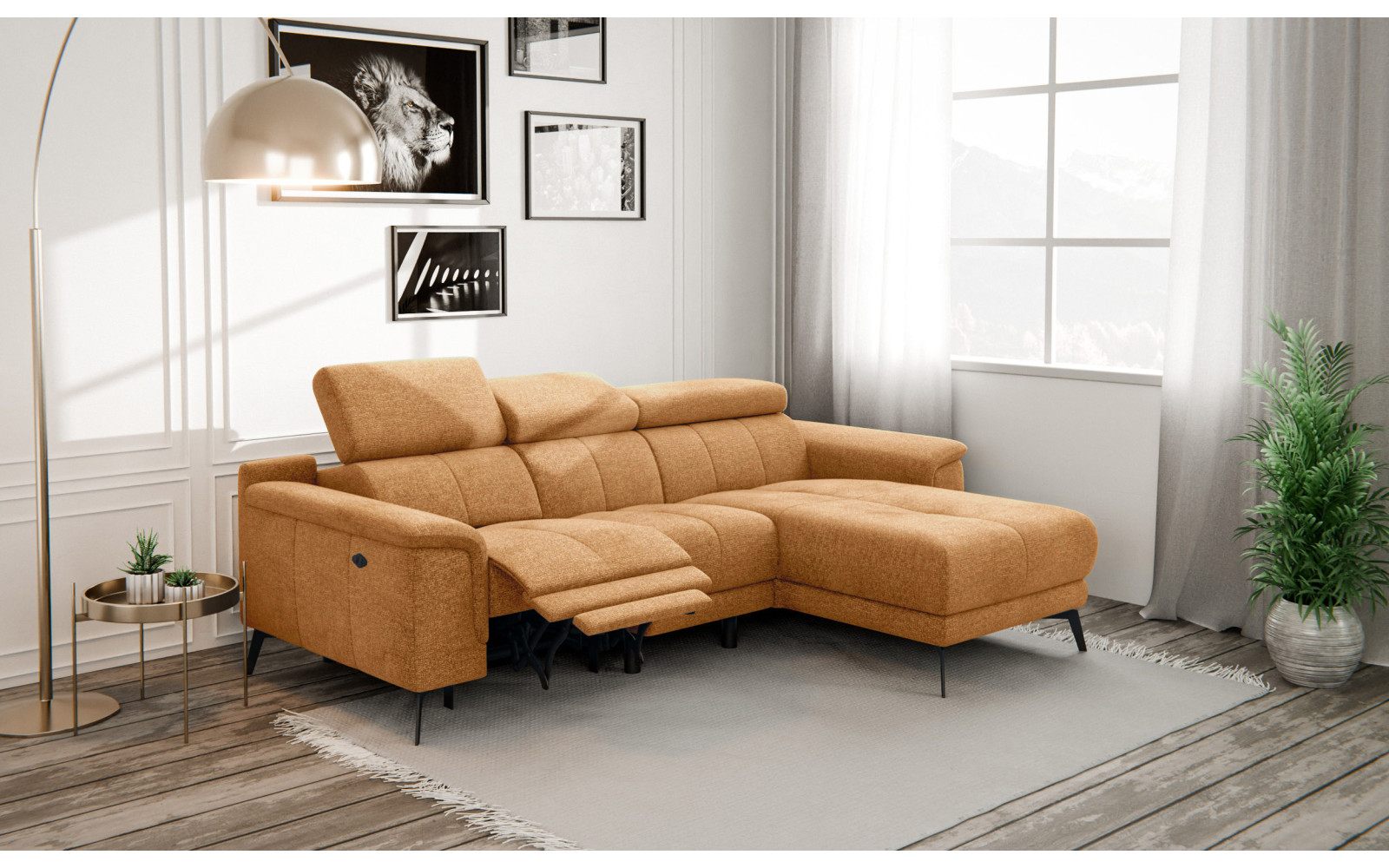 FIERO Ecksofa 3-Sitzer mit 1 Relaxfunktion und verstellbare Kopfstützen, orange