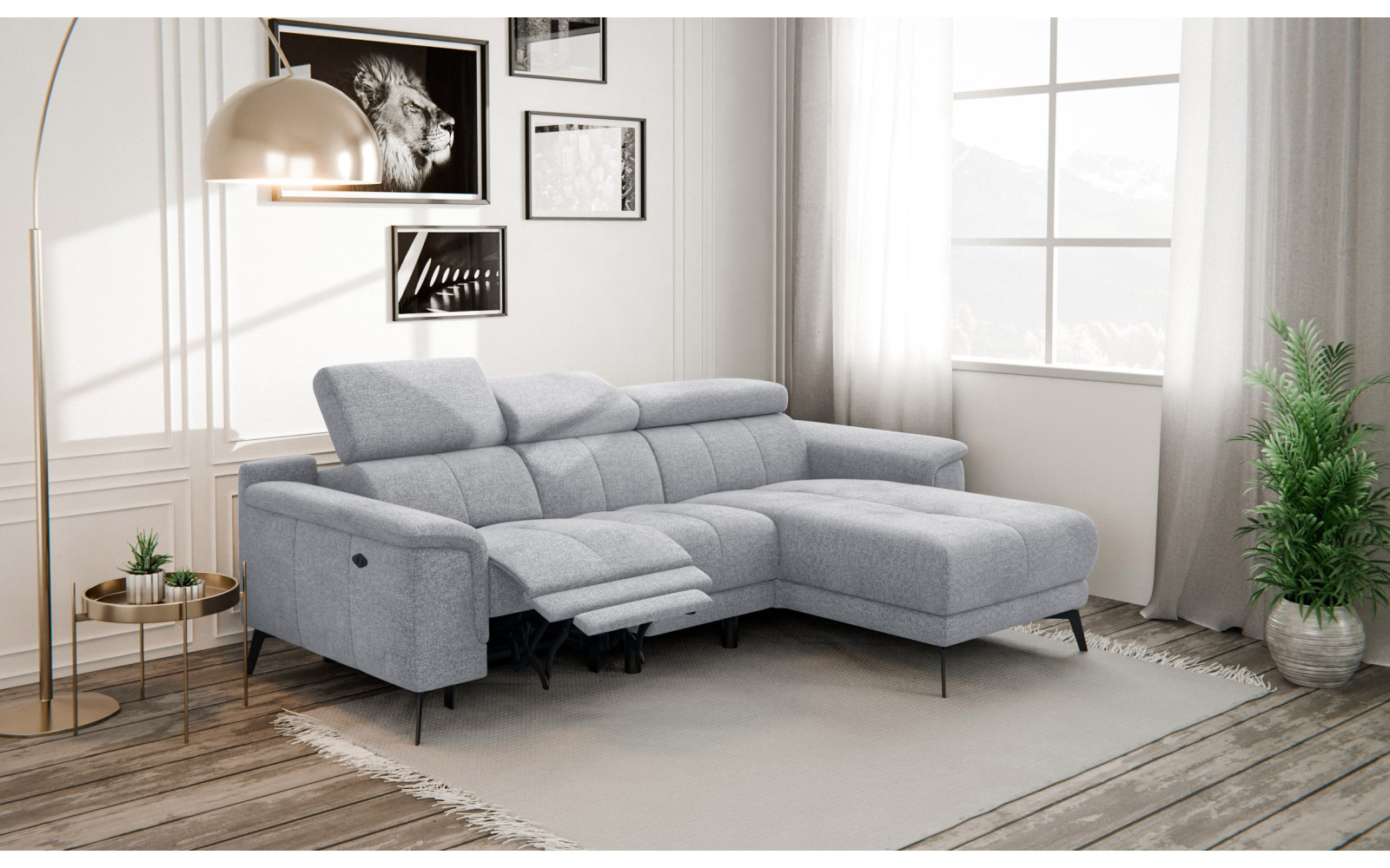 FIERO Ecksofa 3-Sitzer mit 1 Relaxfunktion und verstellbare Kopfstützen, silbergrau