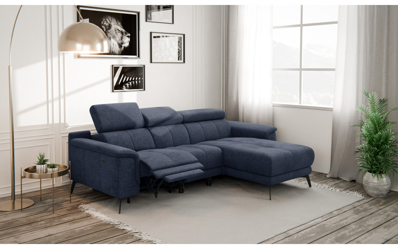 FIERO Ecksofa 3-Sitzer mit 1 Relaxfunktion und verstellbare Kopfstützen, marineblau