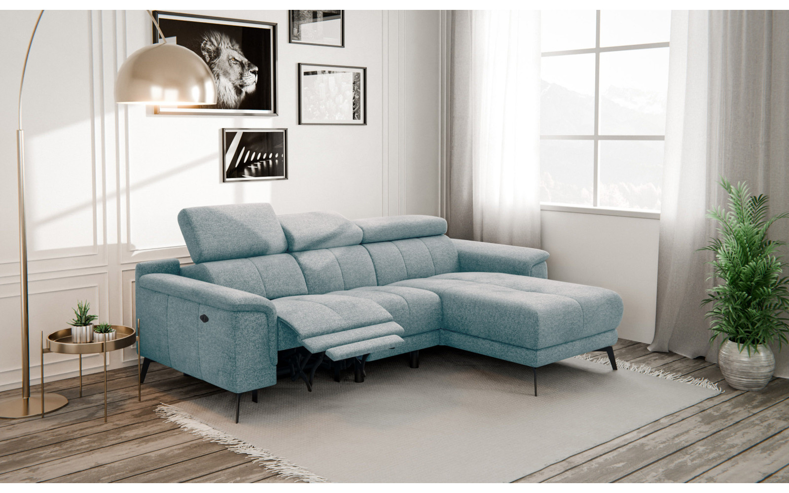 FIERO Ecksofa 3-Sitzer mit 1 Relaxfunktion und verstellbare Kopfstützen, mint