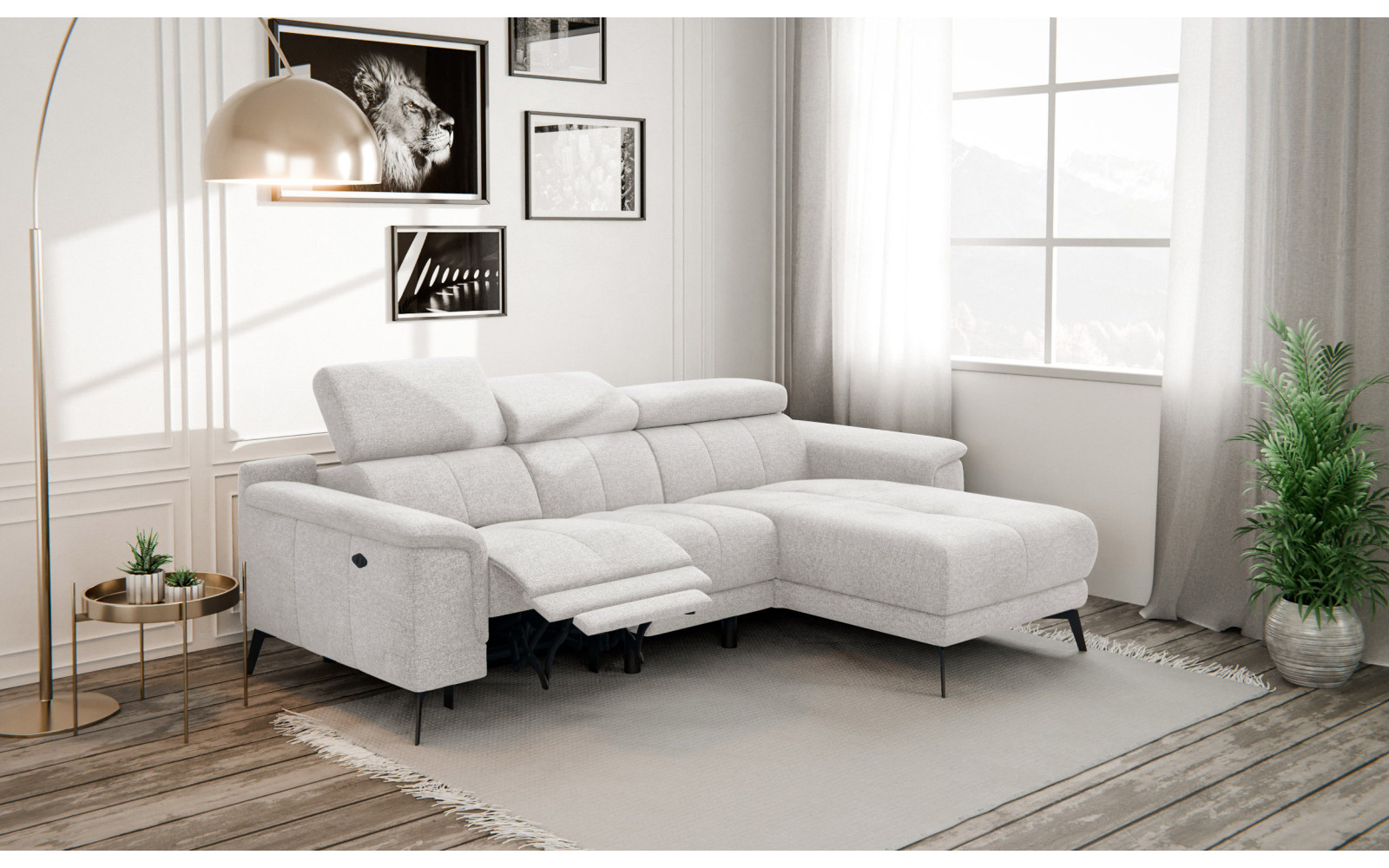 FIERO Ecksofa 3-Sitzer mit 1 Relaxfunktion und verstellbare Kopfstützen, creme