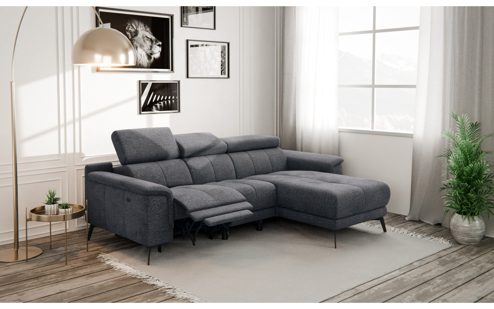 FIERO Ecksofa 3-Sitzer mit 1 Relaxfunktion und verstellbare Kopfstützen, dunkelgrau