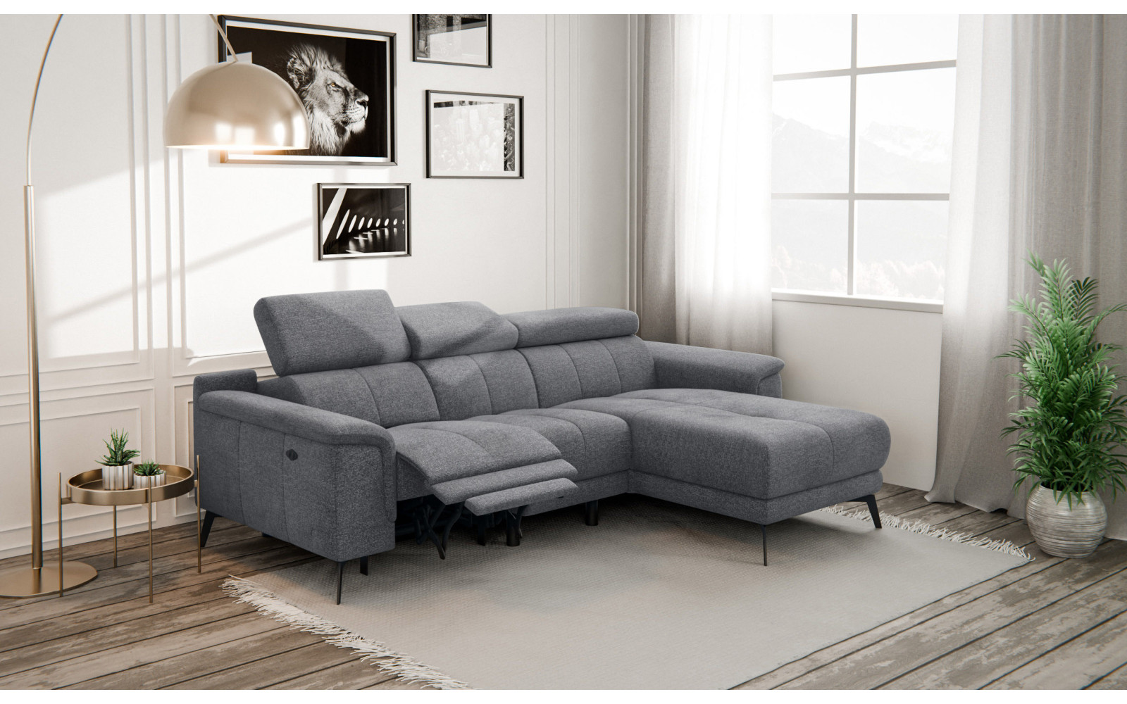 FIERO Ecksofa 3-Sitzer mit 1 Relaxfunktion und verstellbare Kopfstützen, grau