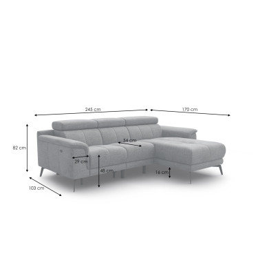 FIERO Ecksofa 3-Sitzer mit 1 Relaxfunktion und verstellbare Kopfstützen, grau