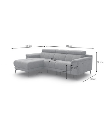 FIERO Ecksofa 3-Sitzer mit 1 Relaxfunktion und verstellbare Kopfstützen, silbergrau