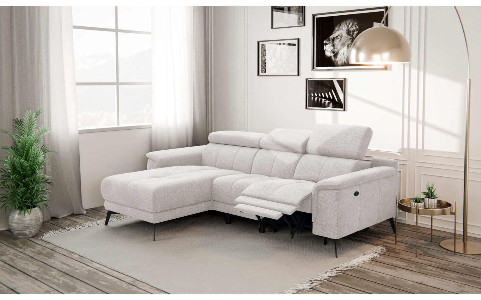 FIERO Ecksofa 3-Sitzer mit 1 Relaxfunktion und verstellbare Kopfstützen, creme