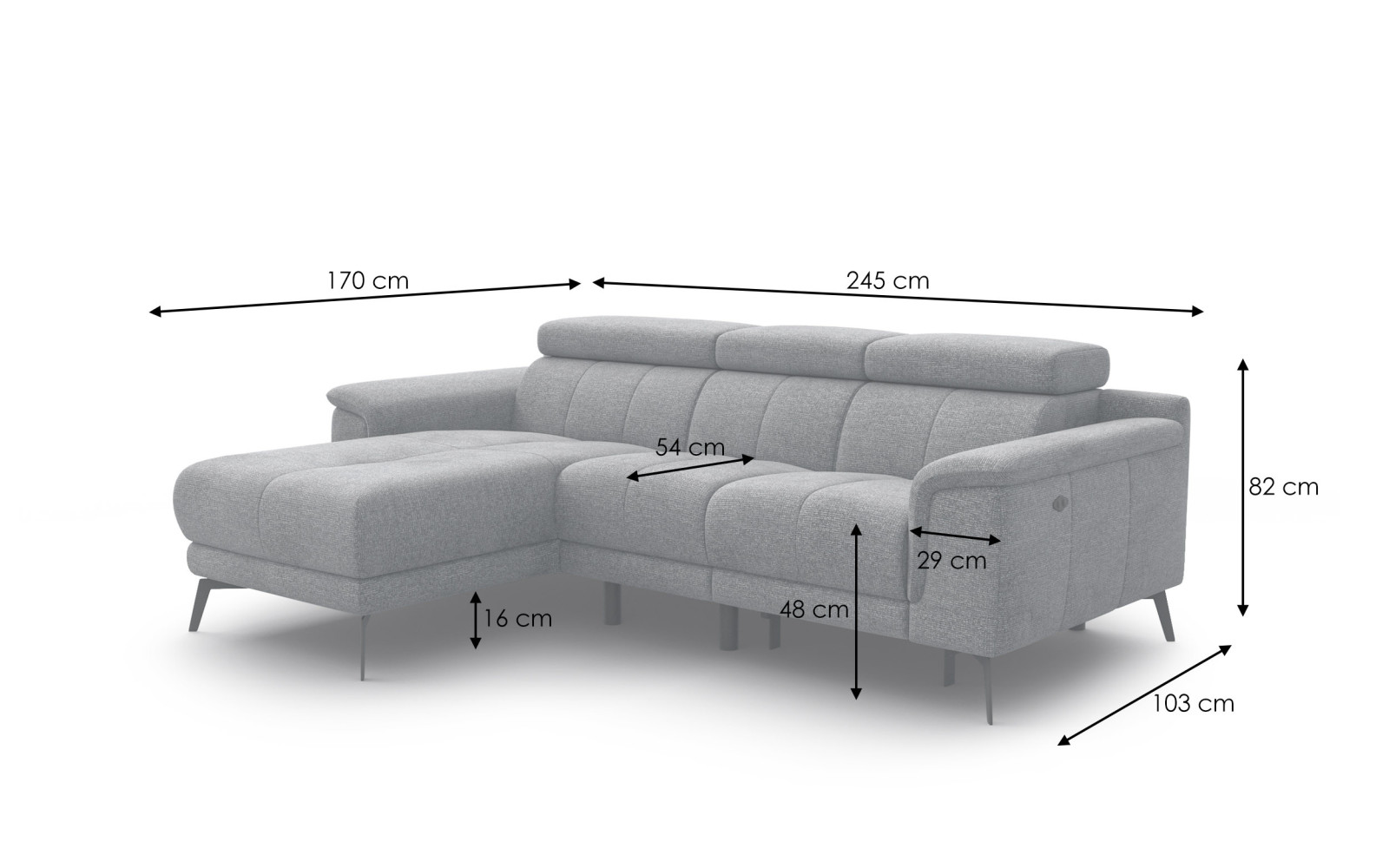 FIERO Ecksofa 3-Sitzer mit 1 Relaxfunktion und verstellbare Kopfstützen, dunkelgrau