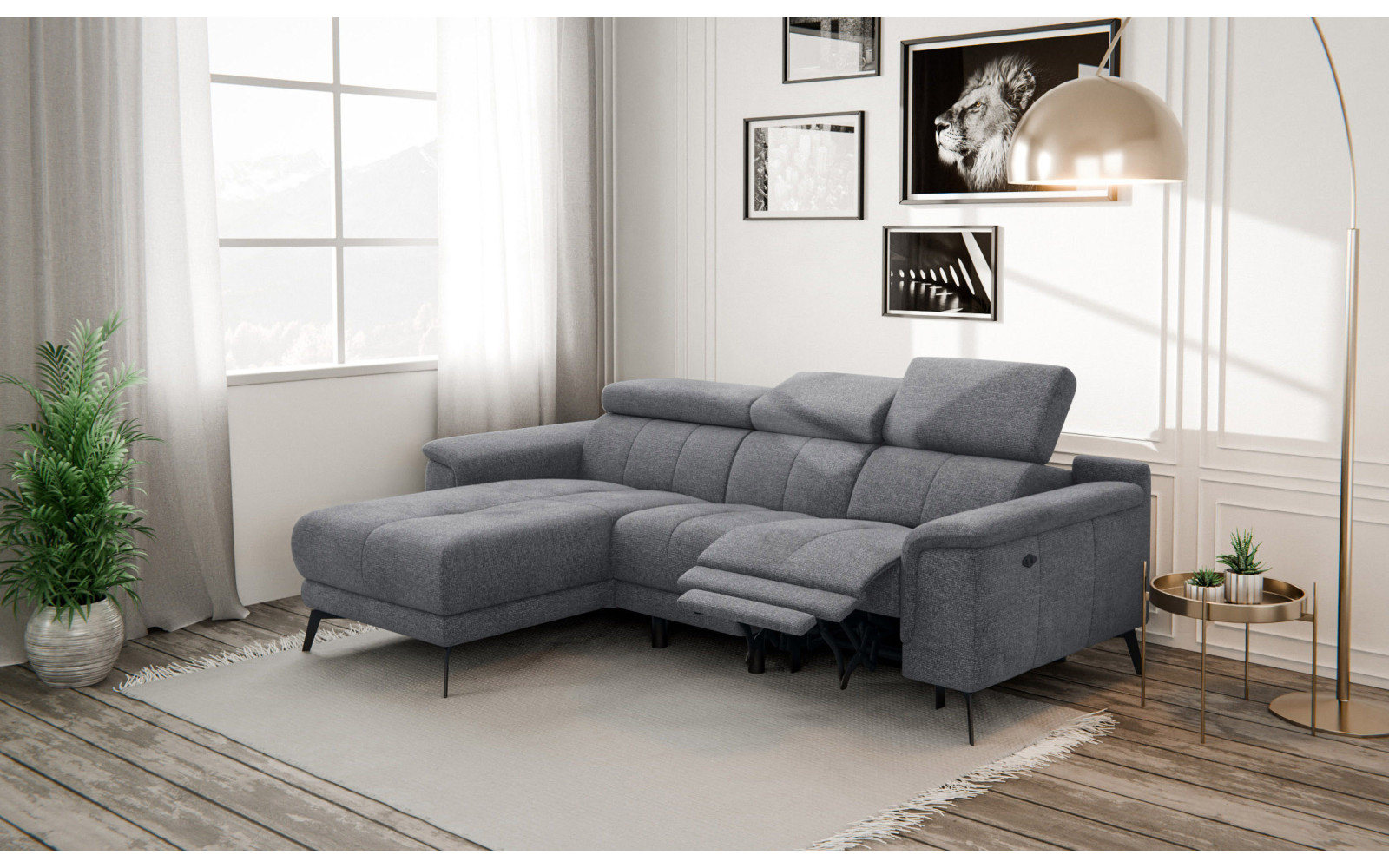 FIERO Ecksofa 3-Sitzer mit 1 Relaxfunktion und verstellbare Kopfstützen, grau