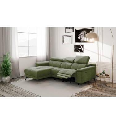 FIERO Ecksofa 3-Sitzer mit 1 Relaxfunktion und verstellbare Kopfstützen, olive