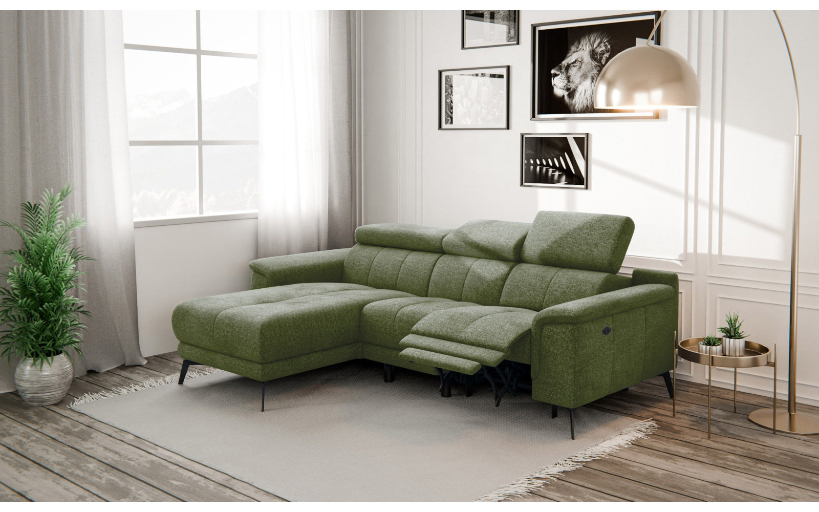 FIERO Ecksofa 3-Sitzer mit 1 Relaxfunktion und verstellbare Kopfstützen, olive