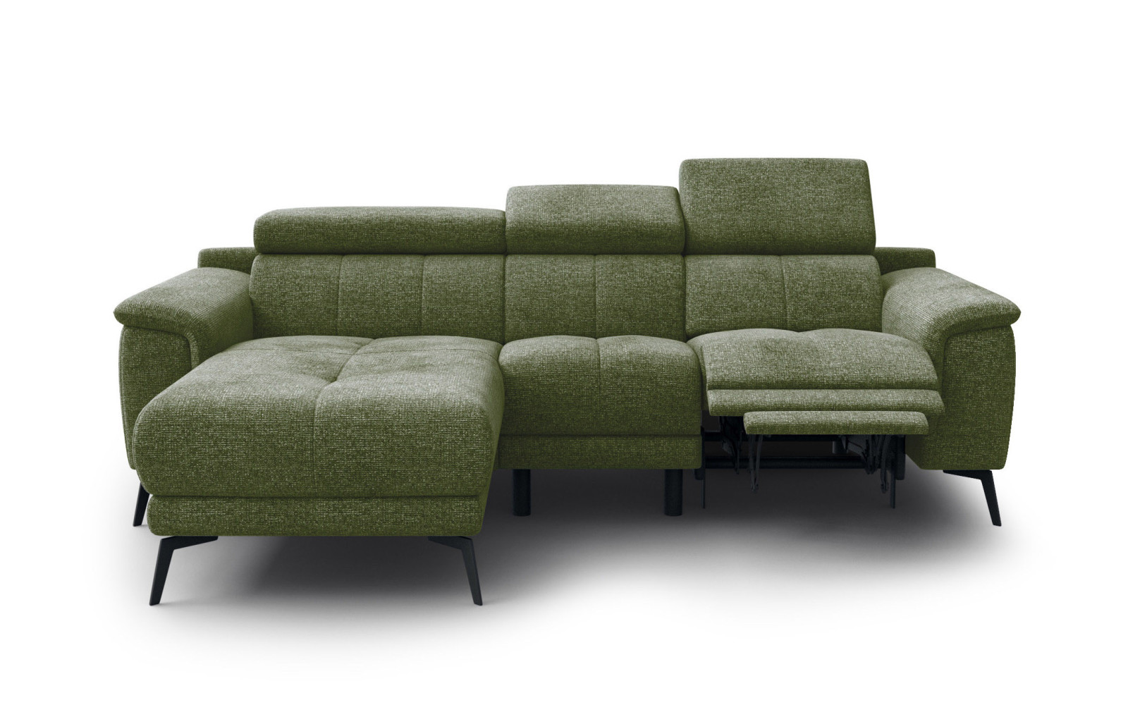 FIERO Ecksofa 3-Sitzer mit 1 Relaxfunktion und verstellbare Kopfstützen, olive