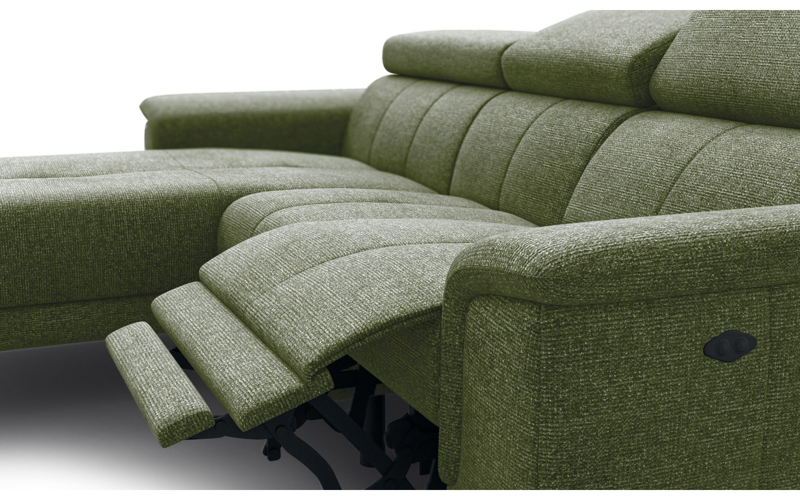 FIERO Ecksofa 3-Sitzer mit 1 Relaxfunktion und verstellbare Kopfstützen, olive