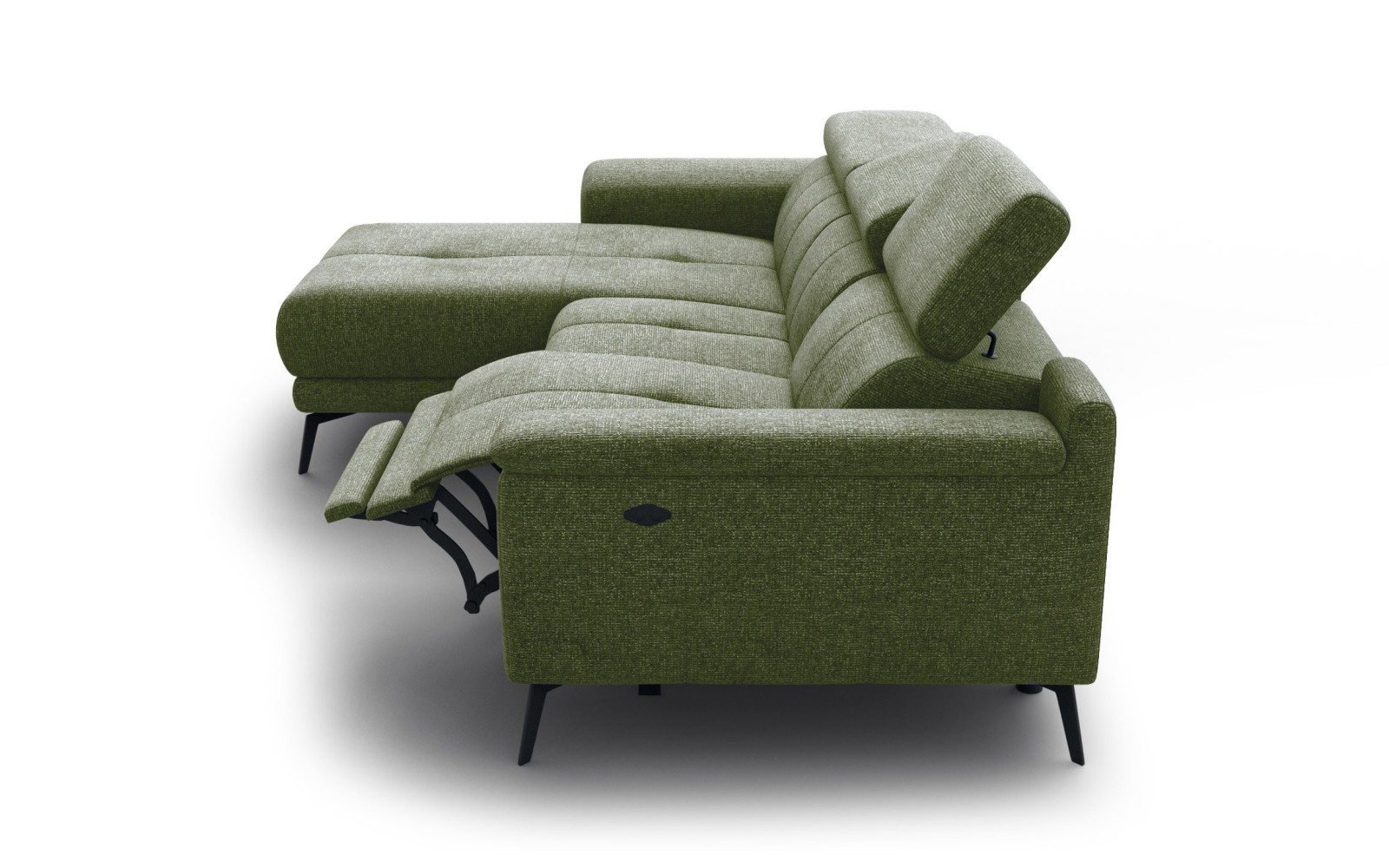 FIERO Ecksofa 3-Sitzer mit 1 Relaxfunktion und verstellbare Kopfstützen, olive