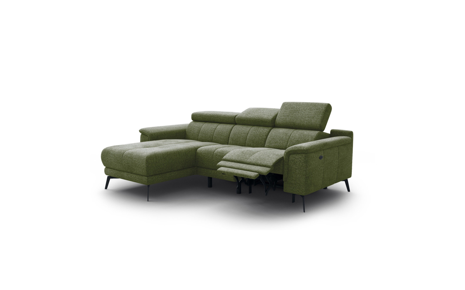 FIERO Ecksofa 3-Sitzer mit 1 Relaxfunktion und verstellbare Kopfstützen, olive