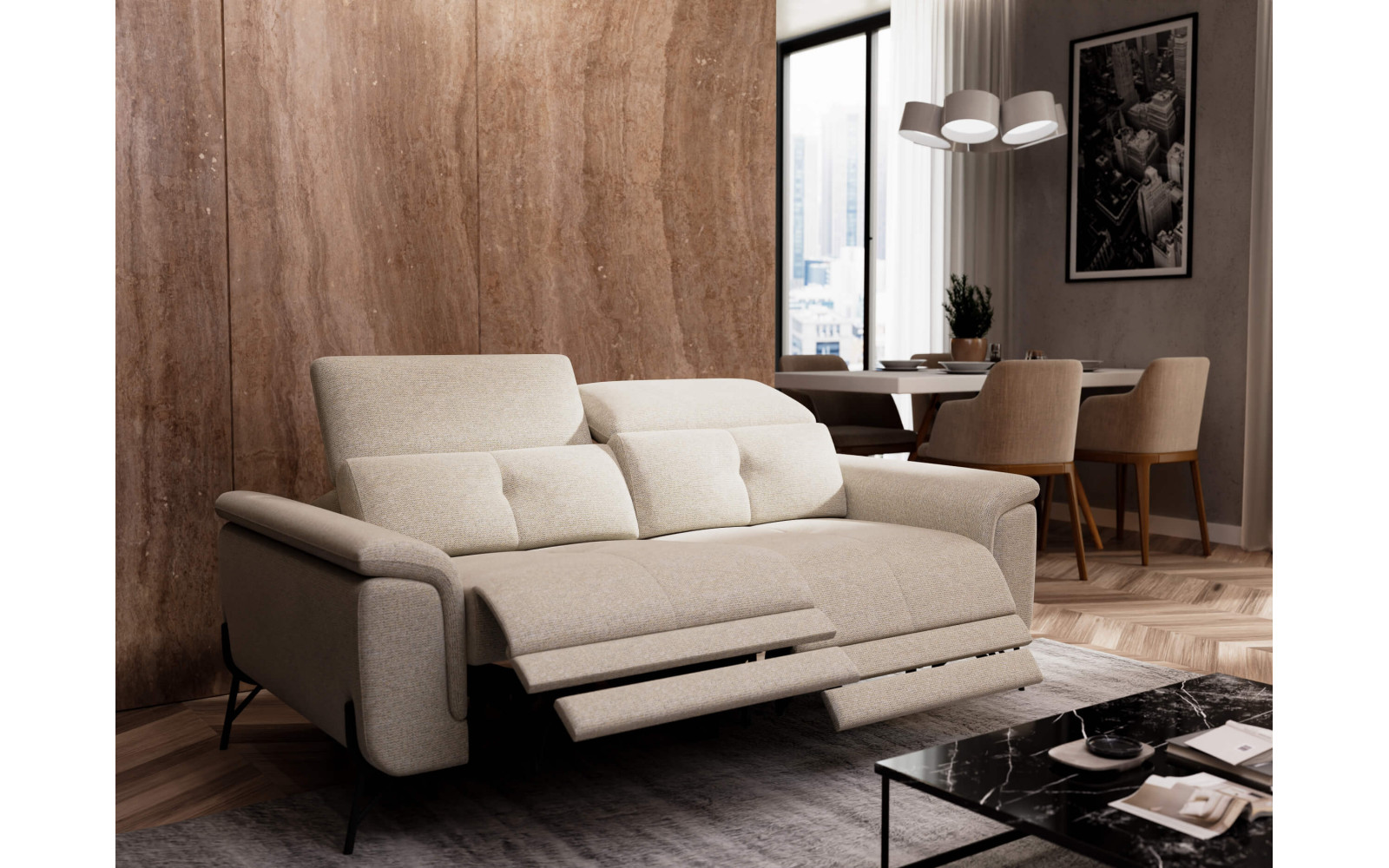 AVENA Sofa 3-Sitzer mit 2 Relaxfunktionen und verstellbare Kopfstützen, creme