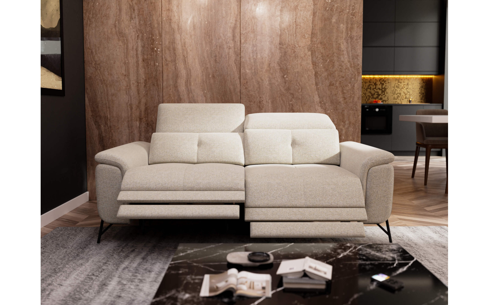 AVENA Sofa 3-Sitzer mit 2 Relaxfunktionen und verstellbare Kopfstützen, creme