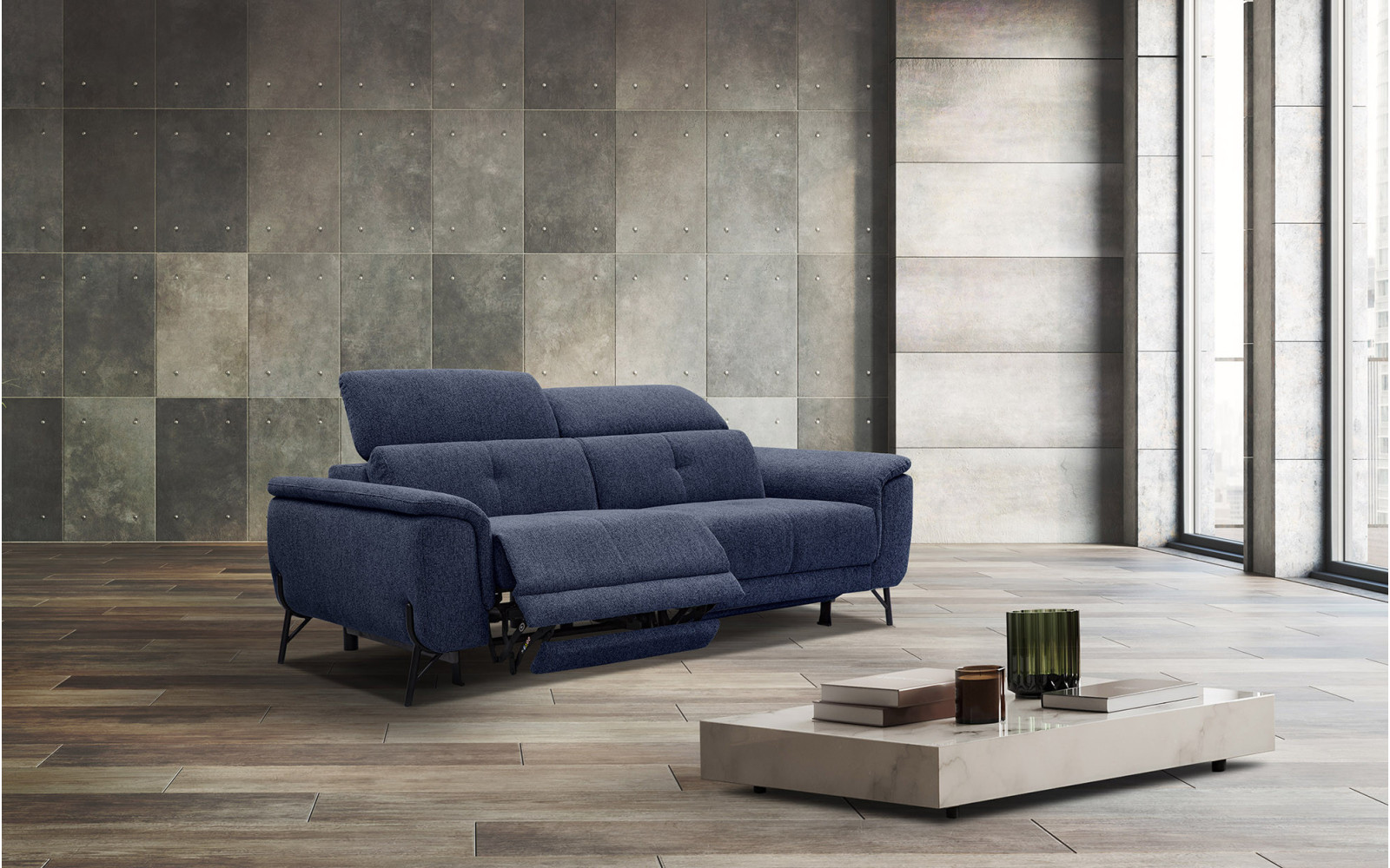 AVENA Sofa 3-Sitzer mit 2 Relaxfunktionen und verstellbare Kopfstützen, marineblau
