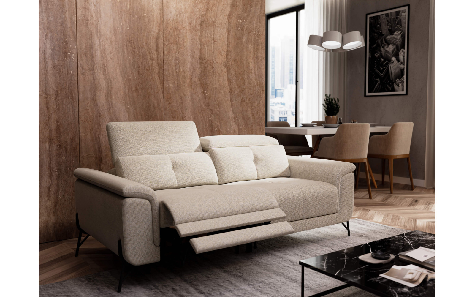 AVENA Sofa 3-Sitzer mit 1 Relaxfunktion und verstellbare Kopfstützen, creme