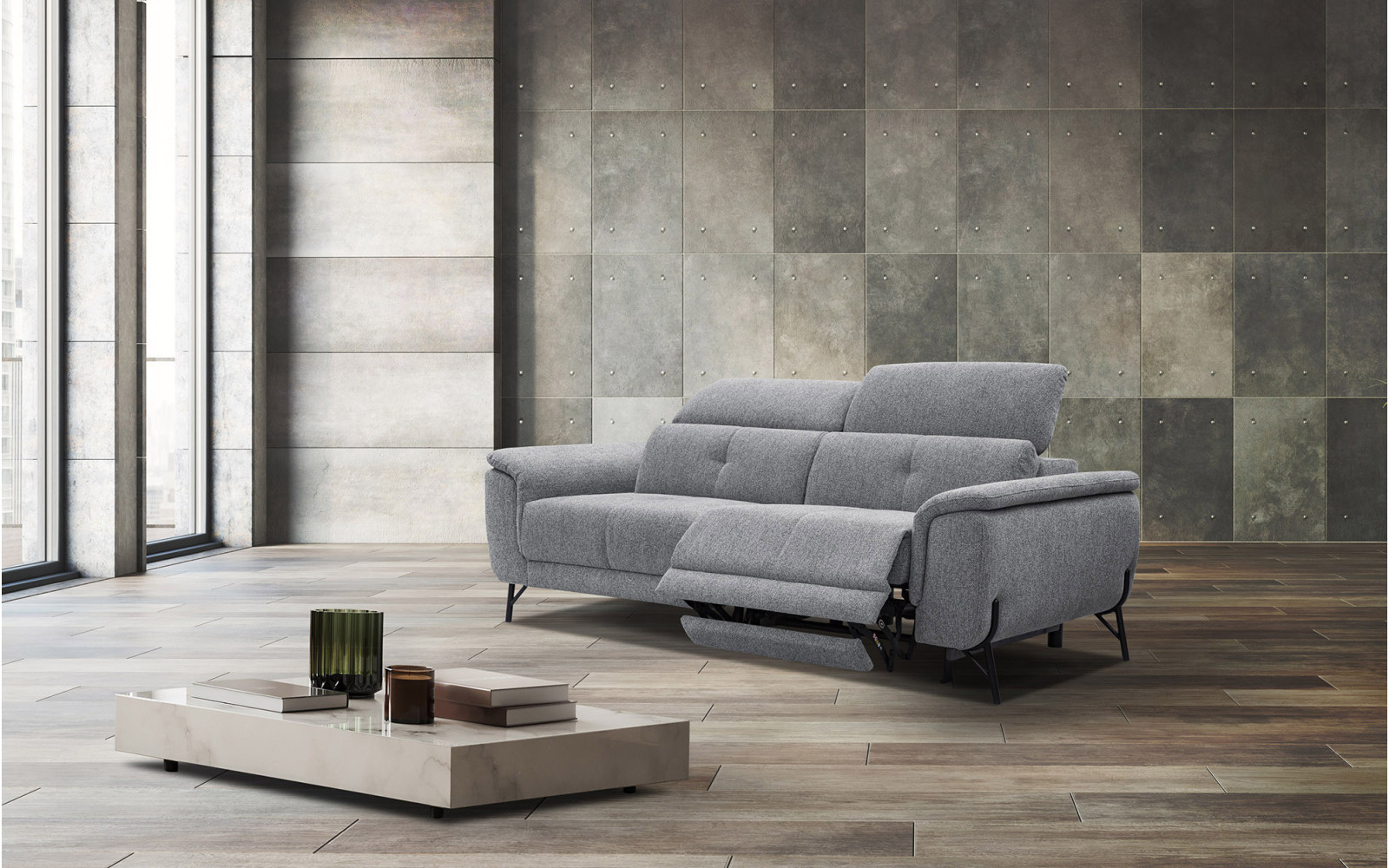 AVENA Sofa 3-Sitzer mit 1 Relaxfunktion und verstellbare Kopfstützen, grau