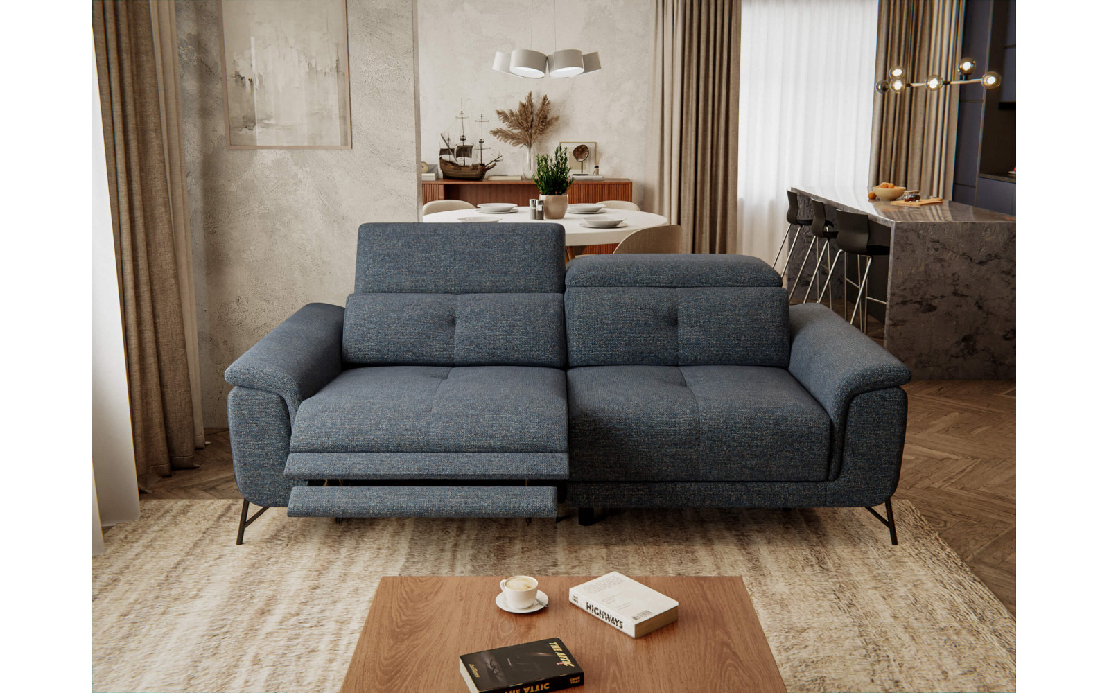 AVENA Sofa 3-Sitzer mit 1 Relaxfunktion und verstellbare Kopfstützen, marineblau