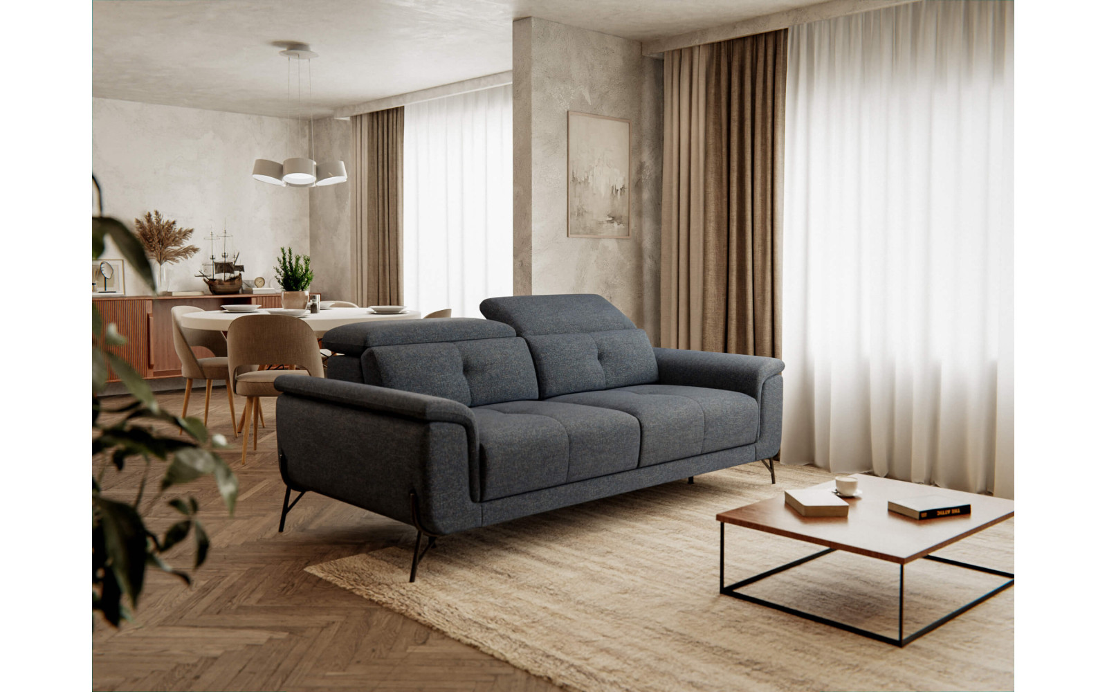 AVENA Sofa 3-Sitzer mit verstellbare Kopfstützen, marineblau