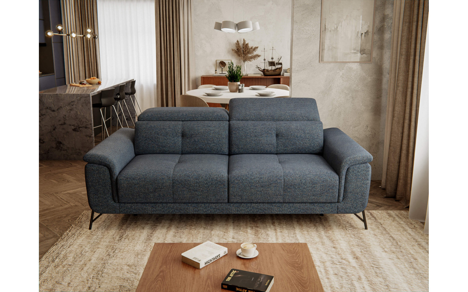 AVENA Sofa 3-Sitzer mit verstellbare Kopfstützen, marineblau